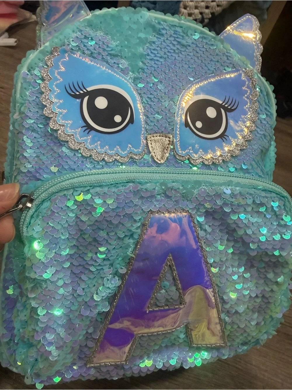 A initial Justice Aqua Blue Sequin Owl Mini Backpack 10”x8”x2.5”